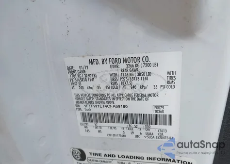 2012 Ford F-150 Xlt z USA, uszkodzony, nr VIN 1FTFW1ET4CFA69180